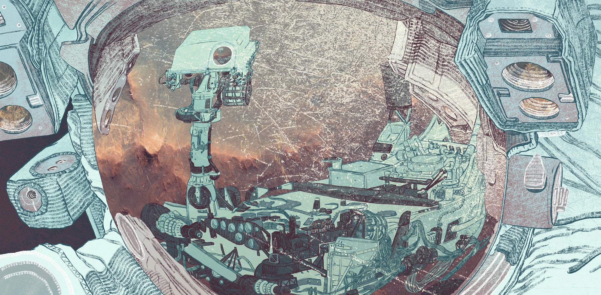 A cute little Mars rover peers at the mirrored helmet of a Mars explorer in their spacesuit.